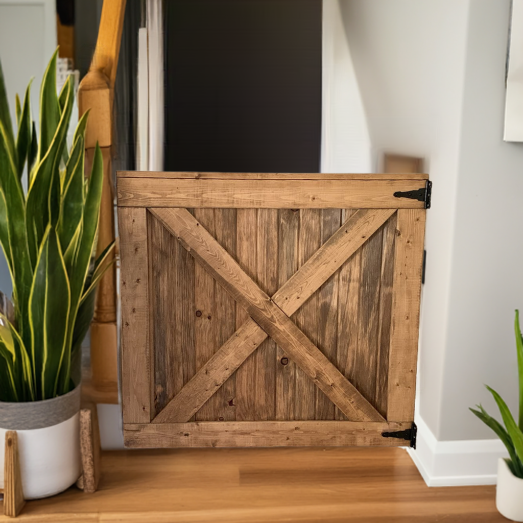 Farmhouse style barn door x frame pet gate in Early American