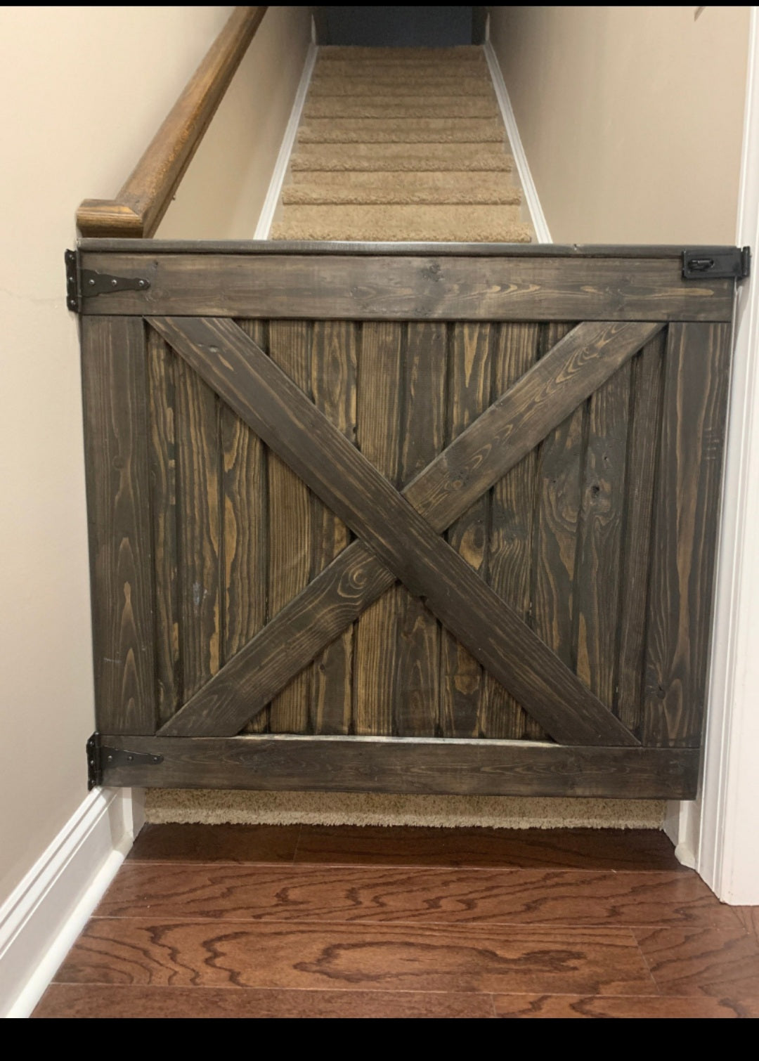 Farmhouse style barn door x frame pet gate in Classic Grey