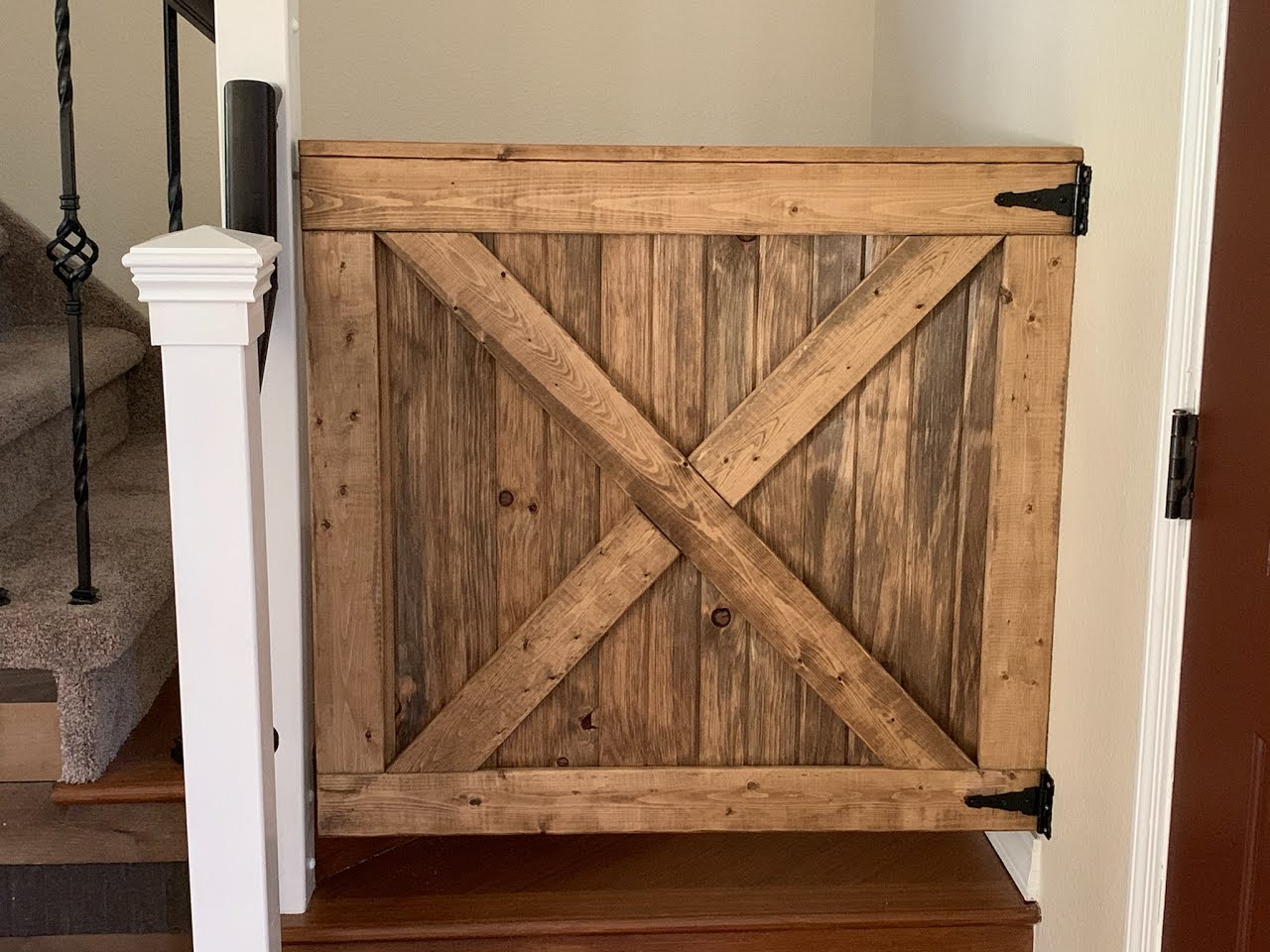 Farmhouse style barn door x frame pet gate in Classic Grey